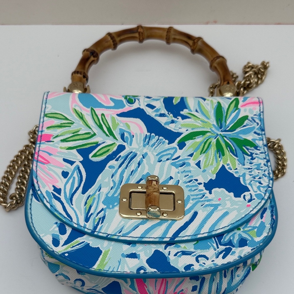 Lilly Pulitzer Blue and Pink Floral Mini Bag with Bamboo Handle